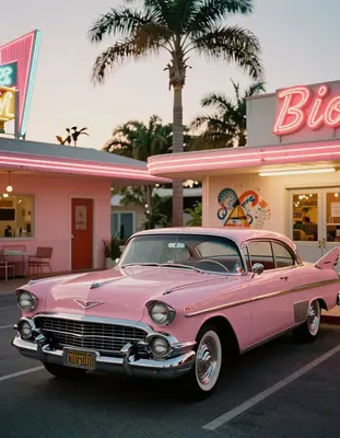 A 1955 pink Cadillac parked under a neon-lit canopy at a vintage roadside motel on a warm summer evening, with the car's chro