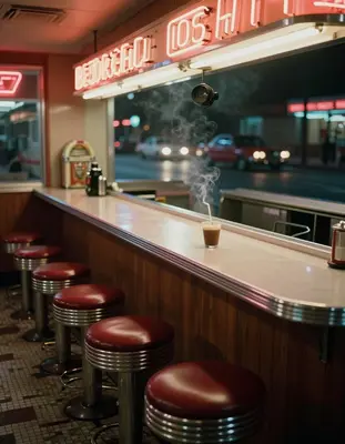 a 1985 chrome diner counter at midnight, awash in the warm glow of retro neon signs reflecting off polished chrome edges, wit