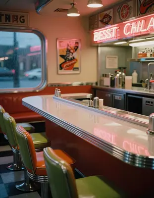 a 1985 chrome diner counter at midnight, illuminated by a mesmerizing array of retro-futuristic neon lights that reflect off 