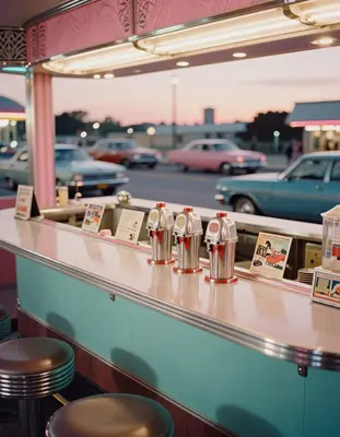 A 1985 chrome diner counter at midnight, a warm glow of neon signs reflected in its polished surface, set against a backdrop 
