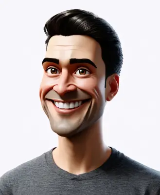 3D avatar of a man, with a happy face on a white background, no necks.
Conceptual playlist style digital art with Pixar quali