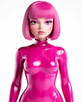 3D render of a stylized doll-like woman with glossy hot pink bob haircut and blunt bangs, flawless porcelain skin with soft b