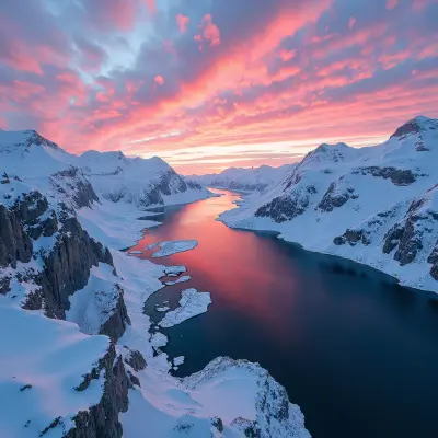 Aerial view of a vast frozen Norwegian fjord at golden hour, with neon hues of pink and blue dancing across the icy landscape