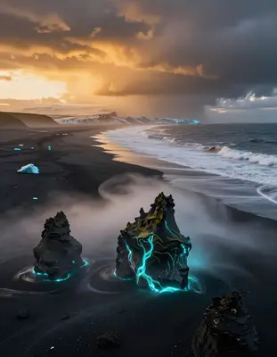 Aerial view of a vast Icelandic black sand beach at golden hour, with dramatic stormy weather brewing in the distance, as wav