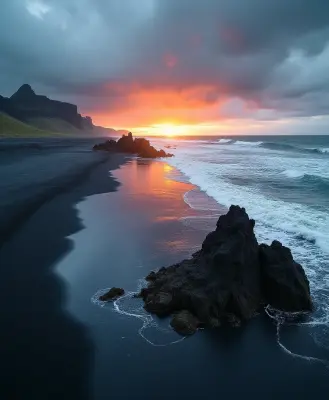 Aerial view of a vast, windswept Icelandic black sand beach at golden hour, with dramatic stormy weather in the distance, ill
