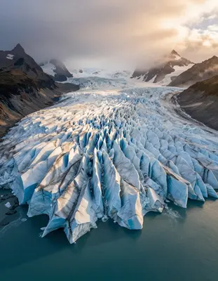 A breathtaking aerial view of a vast Patagonian glacier at golden hour, with soft warm light casting an ethereal glow on the 