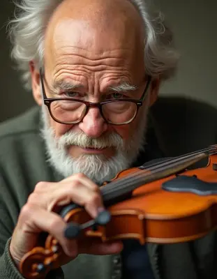 A candid headshot of a bespectacled elderly violin-maker scrutinizing the intricate details of his latest handcrafted instrum