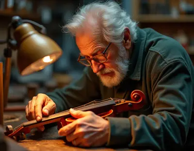 a candid headshot of an elderly violin-maker examining his work, hands gently cradling the instrument's neck as warm neon lig
