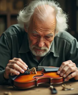 A candid headshot of an elderly violin-maker examining his intricately carved instrument, hands cradling the neck and body of