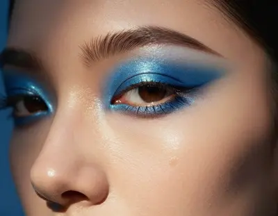 A cinematic editorial fashion close-up of a model with avant-garde makeup, set against a softly blurred indigo studio backdro