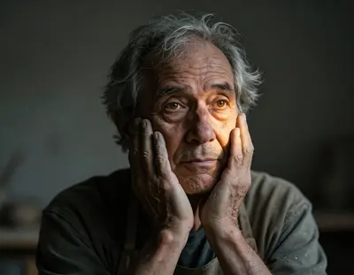A cinematic head-and-shoulders portrait of an elderly potter, clay dust coating her weathered hands and worn apron, set again