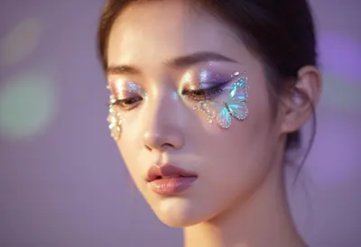 a close-up editorial fashion portrait of a model with avant-garde iridescent makeup and crystal-encrusted eyelids, her face s
