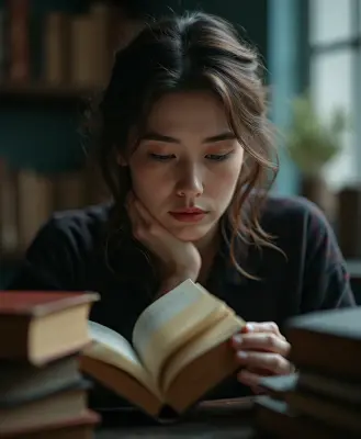 A close-up portrait of a contemplative librarian with a stack of vintage leather-bound books blurred in soft bokeh behind her