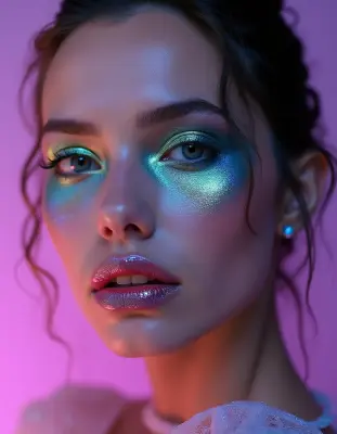 A close-up portrait of a model with avant-garde makeup, featuring iridescent blue and green streaks across her cheeks and a b