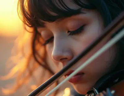 A close-up portrait of a violinist's face mid-bow-stroke, eyes closed in rapt concentration, with a soft ethereal glow illumi