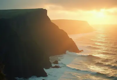 A Cornish coastal cliff at dawn, with warm golden light casting a mystical glow on the rugged, windswept landscape, as if sho