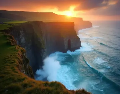 A Cornish coastal cliff at dawn, with vibrant golden light spilling across the rugged shoreline, as towering waves crash agai
