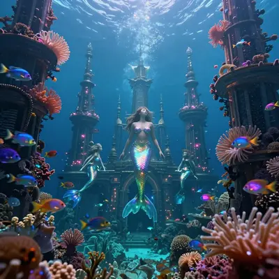 Deep beneath the ocean's surface, a majestic palace rises, its grandeur illuminated by the soft glow of luminescent fish. Sch