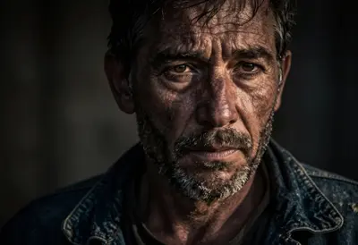 A dramatic, high-contrast, noir-inspired close-up portrait of a grizzled, weathered fisherman's face, with salt spray clingin