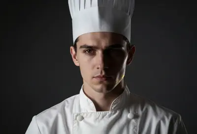 A dramatic noir-inspired studio headshot of a young chef in immaculate crisp whites, intense focused expression, illuminated 
