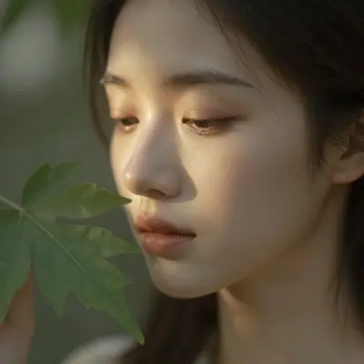 A dreamlike, softly focused head-and-shoulders portrait of a botanist with a delicate, emerald green leaf held gently against
