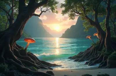 A dreamlike tropical mangrove forest at golden hour, with warm light casting an ethereal glow on the tangled roots and twiste
