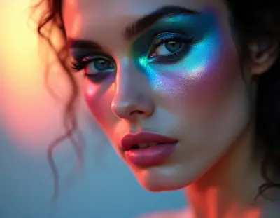 An editorial fashion close-up of a model with avant-garde makeup featuring iridescent blues and greens, softly lit with a war