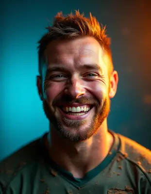 A face-forward portrait of a rugged rugby player after a grueling match, mud-streaked and grinning from ear to ear, with a wa