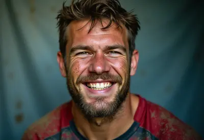 A face-forward portrait of a rugged rugby player after a grueling match, mud-streaked and grinning with a mix of exhaustion a