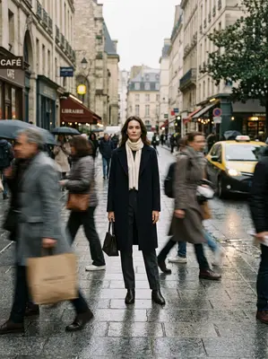 Fashion editorial moment: elegant woman standing still in the center of a bustling street while blurred figures move around h