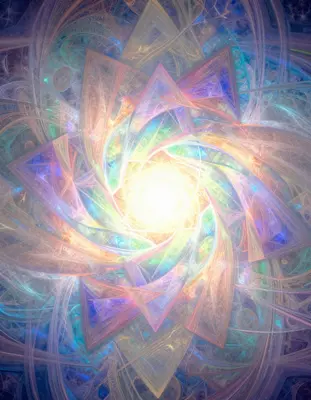 A fractal mandala of overlapping translucent triangles evolving into a kaleidoscopic vortex of iridescent colors and luminous