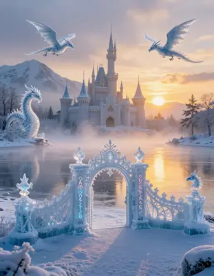 A frost-encased castle gate stands majestically at the edge of a shimmering frozen lake, surrounded by a whimsical ensemble o