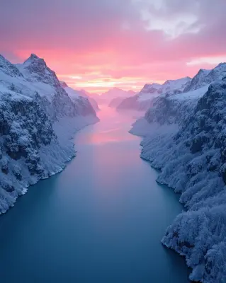 A frozen Norwegian fjord at golden hour, with towering alpine mountains rising from the icy waters, as a surreal neon mist cr