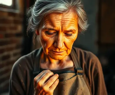 A gritty, high-contrast, head-and-shoulders portrait of a worn, elderly potter, with clay dust smeared on her weathered hands