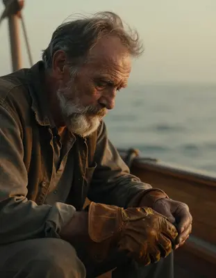 A grizzled, seasoned fisherman in his early sixties, with a rugged, wind-weathered complexion and a distinctive salty grey be