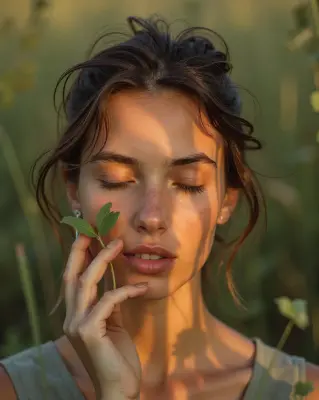 A head-and-shoulders portrait of a botanist with a delicate leaf held gently against her cheek, illuminated by a soft golden 