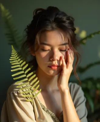 A head-and-shoulders portrait of a botanist with a delicate fern leaf held gently against her cheek, illuminated by soft, war