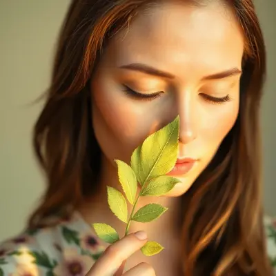 A head-and-shoulders portrait of a botanist with a delicate leaf held gently against her cheek, soft pastel hues of pale peac