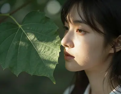 A head-and-shoulders portrait of a botanist with a large leaf held close to her face, softly illuminated by a high-contrast g