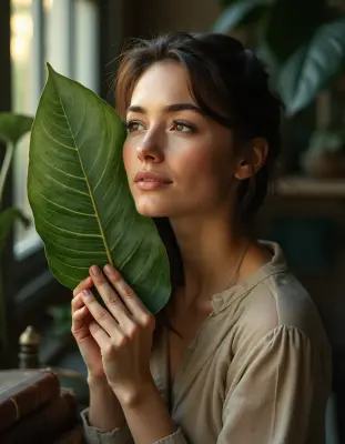 A head-and-shoulders portrait of a botanist with a large leaf held gently against her cheek, bathed in the soft, warm glow of