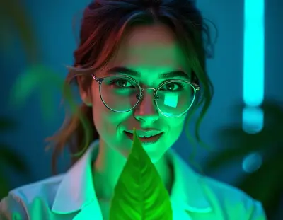 A head-and-shoulders portrait of a botanist with a large leaf held delicately close to her face, illuminated by a soft neon g