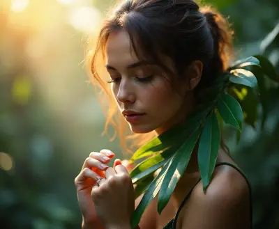 A head-and-shoulders portrait of a botanist with an otherworldly aura, her face softly illuminated by a warm golden hour glow