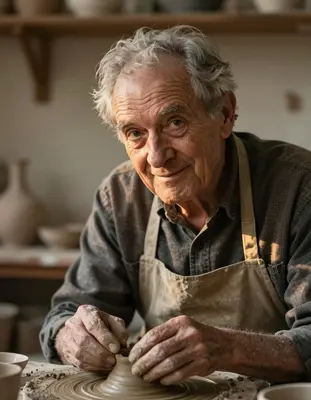 A head-and-shoulders portrait of an elderly potter, clay dust on her hands and apron, softly illuminated by studio light with