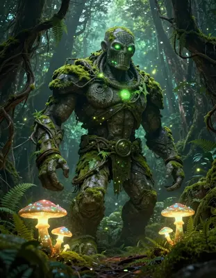In the heart of a mystical, overgrown forest, an ancient stone golem stands vigil amidst a moss-covered, crumbling ruin, with