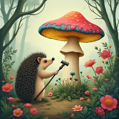 A hedgehog gardener surrounded by lush flowers and vines, with oversized gardening tools and plants that twist and curl in im
