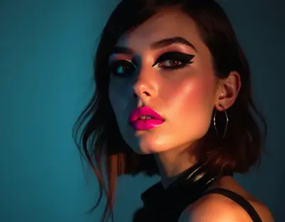 A high-contrast editorial fashion close-up of a model with avant-garde makeup, featuring bold black eyeliner and neon pink li
