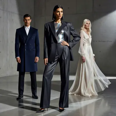 A high-fashion editorial photo shoot for a luxury clothing campaign