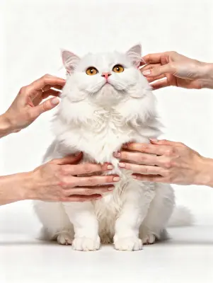 High-quality studio photo of a fluffy white cat surrounded by several hands, a cat with a haughty muzzle, a very clearly deta