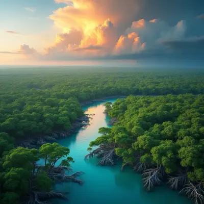 A hyper-detailed aerial vista of a sprawling tropical mangrove forest at golden hour, with warm light casting long shadows ac