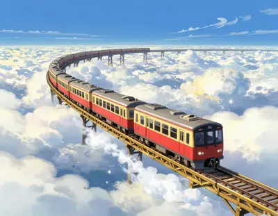 A hyper-detailed, dreamy train cruises across a majestic, serpentine sky-bridge suspended high above a boundless expanse of f